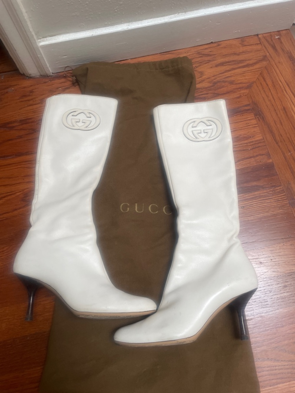 Gucci White Leather Mid-Calf Stiletto Boots with GG Emblem